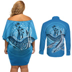 Aboriginal Ocean Whale Couples Matching Off Shoulder Short Dress and Long Sleeve Button Shirt Dot Art Dreamtime Tree of Life