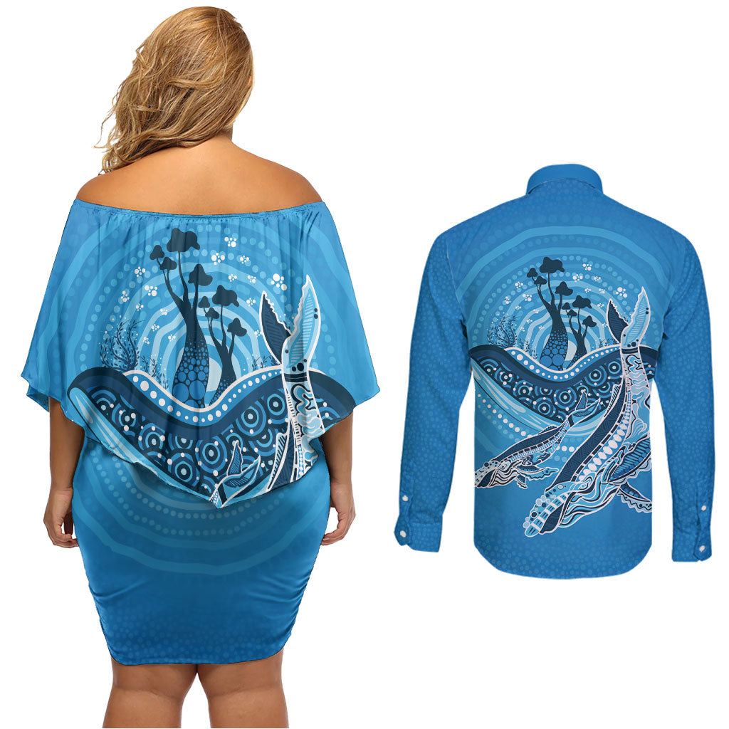 Aboriginal Ocean Whale Couples Matching Off Shoulder Short Dress and Long Sleeve Button Shirt Dot Art Dreamtime Tree of Life