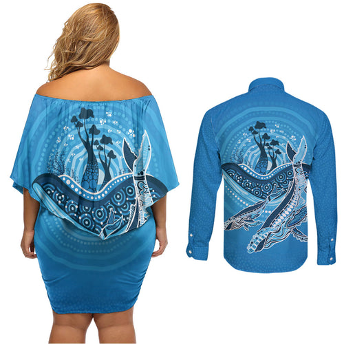 Aboriginal Ocean Whale Couples Matching Off Shoulder Short Dress and Long Sleeve Button Shirt Dot Art Dreamtime Tree of Life