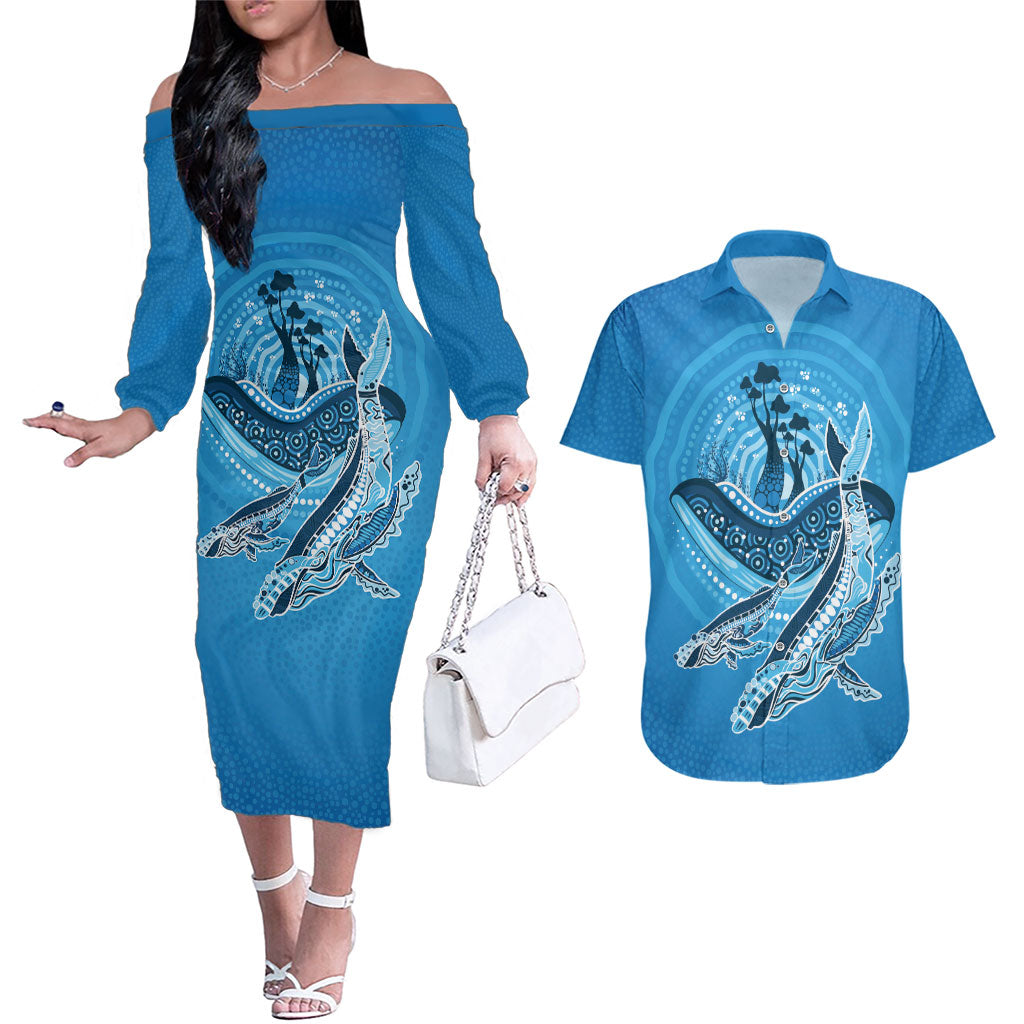 Aboriginal Ocean Whale Couples Matching Off The Shoulder Long Sleeve Dress and Hawaiian Shirt Dot Art Dreamtime Tree of Life