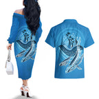 Aboriginal Ocean Whale Couples Matching Off The Shoulder Long Sleeve Dress and Hawaiian Shirt Dot Art Dreamtime Tree of Life