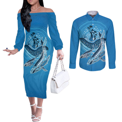Aboriginal Ocean Whale Couples Matching Off The Shoulder Long Sleeve Dress and Long Sleeve Button Shirt Dot Art Dreamtime Tree of Life