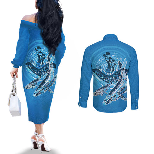 Aboriginal Ocean Whale Couples Matching Off The Shoulder Long Sleeve Dress and Long Sleeve Button Shirt Dot Art Dreamtime Tree of Life