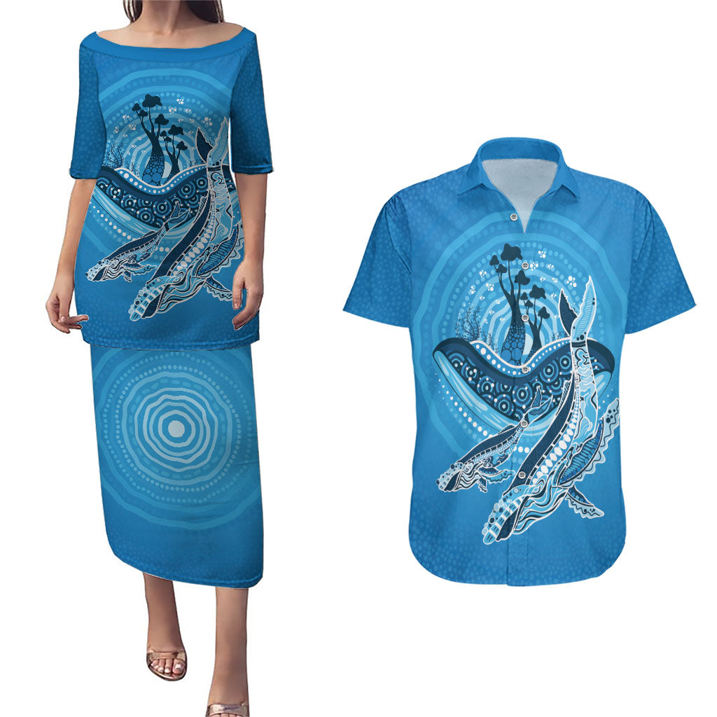 Aboriginal Ocean Whale Couples Matching Puletasi and Hawaiian Shirt Dot Art Dreamtime Tree of Life