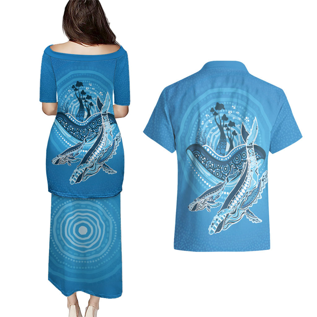 Aboriginal Ocean Whale Couples Matching Puletasi and Hawaiian Shirt Dot Art Dreamtime Tree of Life
