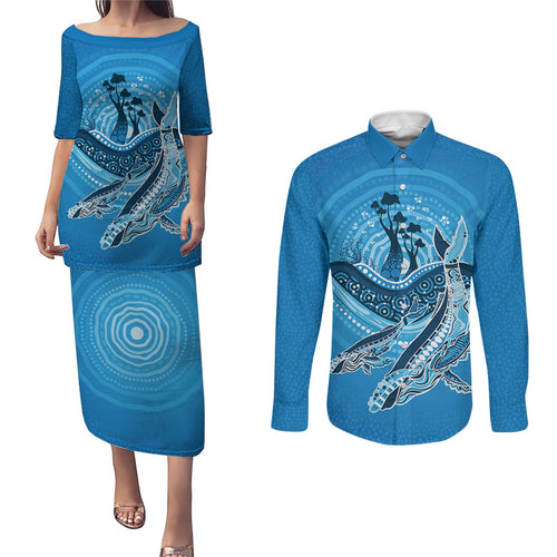 Aboriginal Ocean Whale Couples Matching Puletasi and Long Sleeve Button Shirt Dot Art Dreamtime Tree of Life