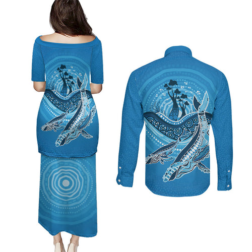 Aboriginal Ocean Whale Couples Matching Puletasi and Long Sleeve Button Shirt Dot Art Dreamtime Tree of Life