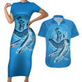 Aboriginal Ocean Whale Couples Matching Short Sleeve Bodycon Dress and Hawaiian Shirt Dot Art Dreamtime Tree of Life