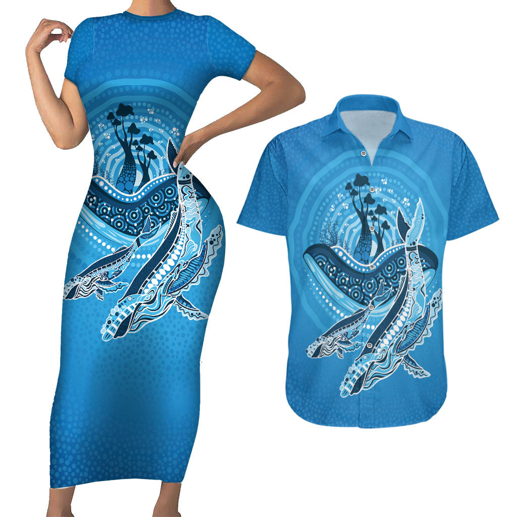 Aboriginal Ocean Whale Couples Matching Short Sleeve Bodycon Dress and Hawaiian Shirt Dot Art Dreamtime Tree of Life