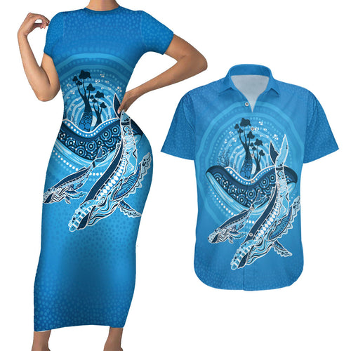 Aboriginal Ocean Whale Couples Matching Short Sleeve Bodycon Dress and Hawaiian Shirt Dot Art Dreamtime Tree of Life