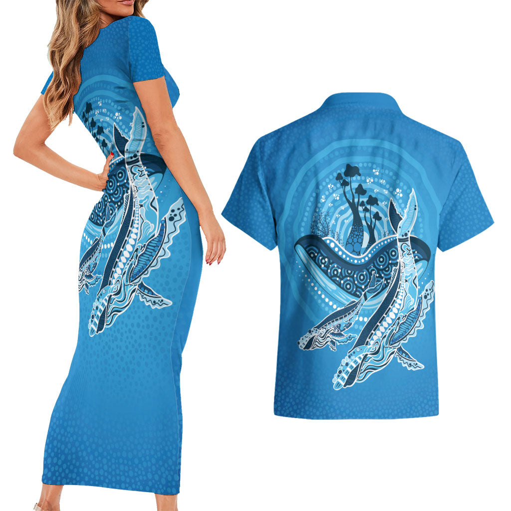Aboriginal Ocean Whale Couples Matching Short Sleeve Bodycon Dress and Hawaiian Shirt Dot Art Dreamtime Tree of Life