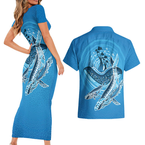 Aboriginal Ocean Whale Couples Matching Short Sleeve Bodycon Dress and Hawaiian Shirt Dot Art Dreamtime Tree of Life