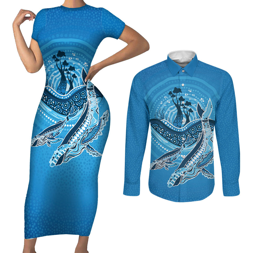 Aboriginal Ocean Whale Couples Matching Short Sleeve Bodycon Dress and Long Sleeve Button Shirt Dot Art Dreamtime Tree of Life