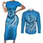 Aboriginal Ocean Whale Couples Matching Short Sleeve Bodycon Dress and Long Sleeve Button Shirt Dot Art Dreamtime Tree of Life