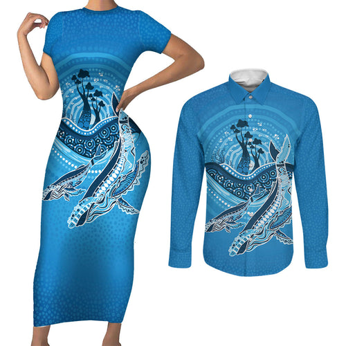 Aboriginal Ocean Whale Couples Matching Short Sleeve Bodycon Dress and Long Sleeve Button Shirt Dot Art Dreamtime Tree of Life
