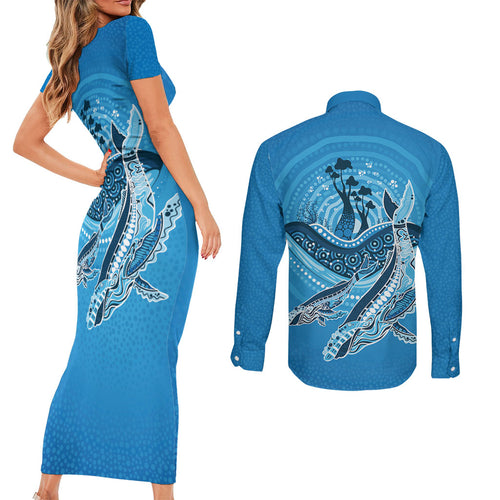 Aboriginal Ocean Whale Couples Matching Short Sleeve Bodycon Dress and Long Sleeve Button Shirt Dot Art Dreamtime Tree of Life