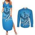 Aboriginal Ocean Whale Couples Matching Summer Maxi Dress and Long Sleeve Button Shirt Dot Art Dreamtime Tree of Life