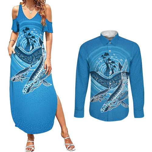 Aboriginal Ocean Whale Couples Matching Summer Maxi Dress and Long Sleeve Button Shirt Dot Art Dreamtime Tree of Life