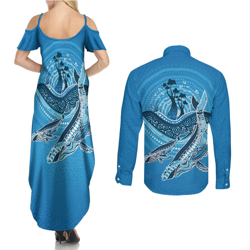 Aboriginal Ocean Whale Couples Matching Summer Maxi Dress and Long Sleeve Button Shirt Dot Art Dreamtime Tree of Life