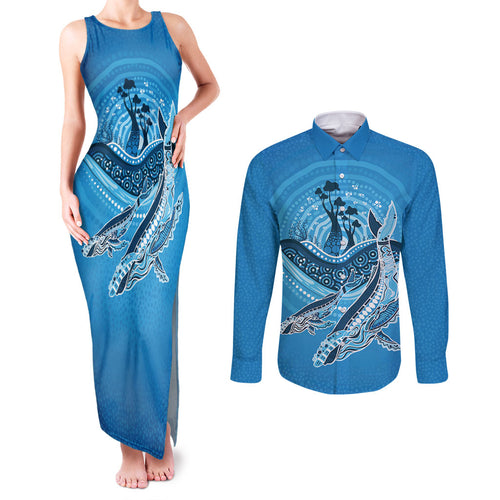 Aboriginal Ocean Whale Couples Matching Tank Maxi Dress and Long Sleeve Button Shirt Dot Art Dreamtime Tree of Life
