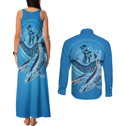 Aboriginal Ocean Whale Couples Matching Tank Maxi Dress and Long Sleeve Button Shirt Dot Art Dreamtime Tree of Life