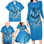 Aboriginal Ocean Whale Family Matching Long Sleeve Bodycon Dress and Hawaiian Shirt Dot Art Dreamtime Tree of Life