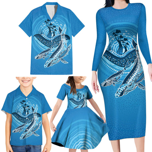 Aboriginal Ocean Whale Family Matching Long Sleeve Bodycon Dress and Hawaiian Shirt Dot Art Dreamtime Tree of Life
