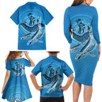 Aboriginal Ocean Whale Family Matching Long Sleeve Bodycon Dress and Hawaiian Shirt Dot Art Dreamtime Tree of Life