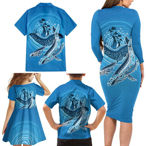 Aboriginal Ocean Whale Family Matching Long Sleeve Bodycon Dress and Hawaiian Shirt Dot Art Dreamtime Tree of Life