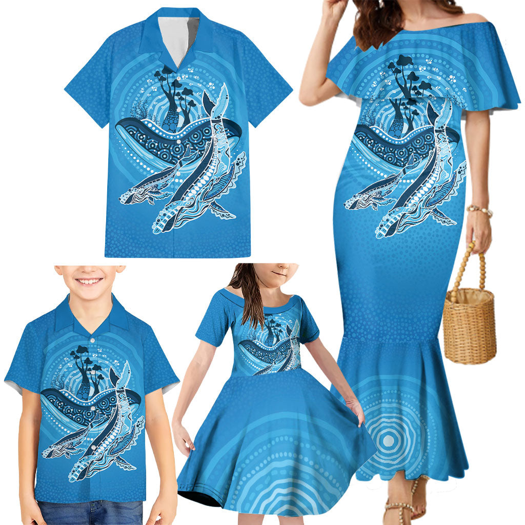 Aboriginal Ocean Whale Family Matching Mermaid Dress and Hawaiian Shirt Dot Art Dreamtime Tree of Life