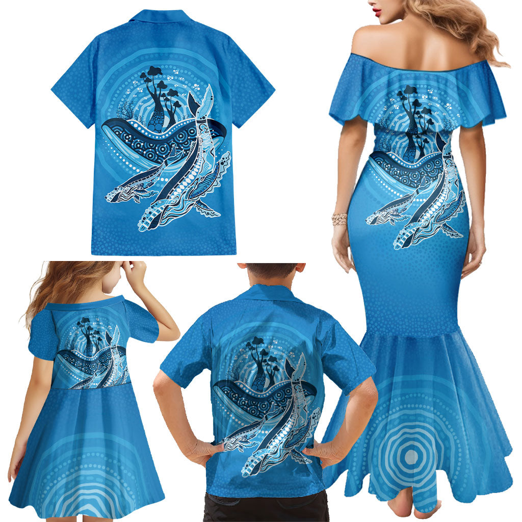 Aboriginal Ocean Whale Family Matching Mermaid Dress and Hawaiian Shirt Dot Art Dreamtime Tree of Life