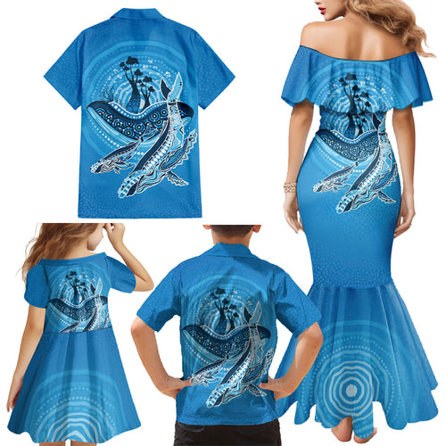 Aboriginal Ocean Whale Family Matching Mermaid Dress and Hawaiian Shirt Dot Art Dreamtime Tree of Life