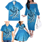 Aboriginal Ocean Whale Family Matching Off The Shoulder Long Sleeve Dress and Hawaiian Shirt Dot Art Dreamtime Tree of Life