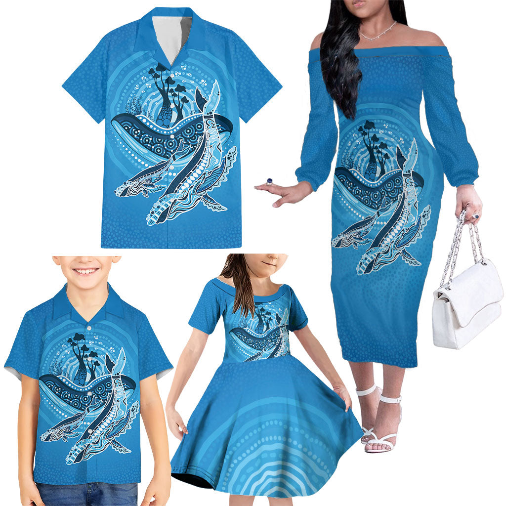 Aboriginal Ocean Whale Family Matching Off The Shoulder Long Sleeve Dress and Hawaiian Shirt Dot Art Dreamtime Tree of Life
