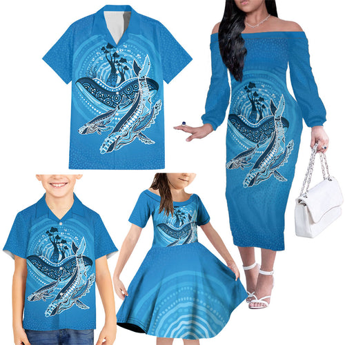Aboriginal Ocean Whale Family Matching Off The Shoulder Long Sleeve Dress and Hawaiian Shirt Dot Art Dreamtime Tree of Life