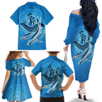 Aboriginal Ocean Whale Family Matching Off The Shoulder Long Sleeve Dress and Hawaiian Shirt Dot Art Dreamtime Tree of Life