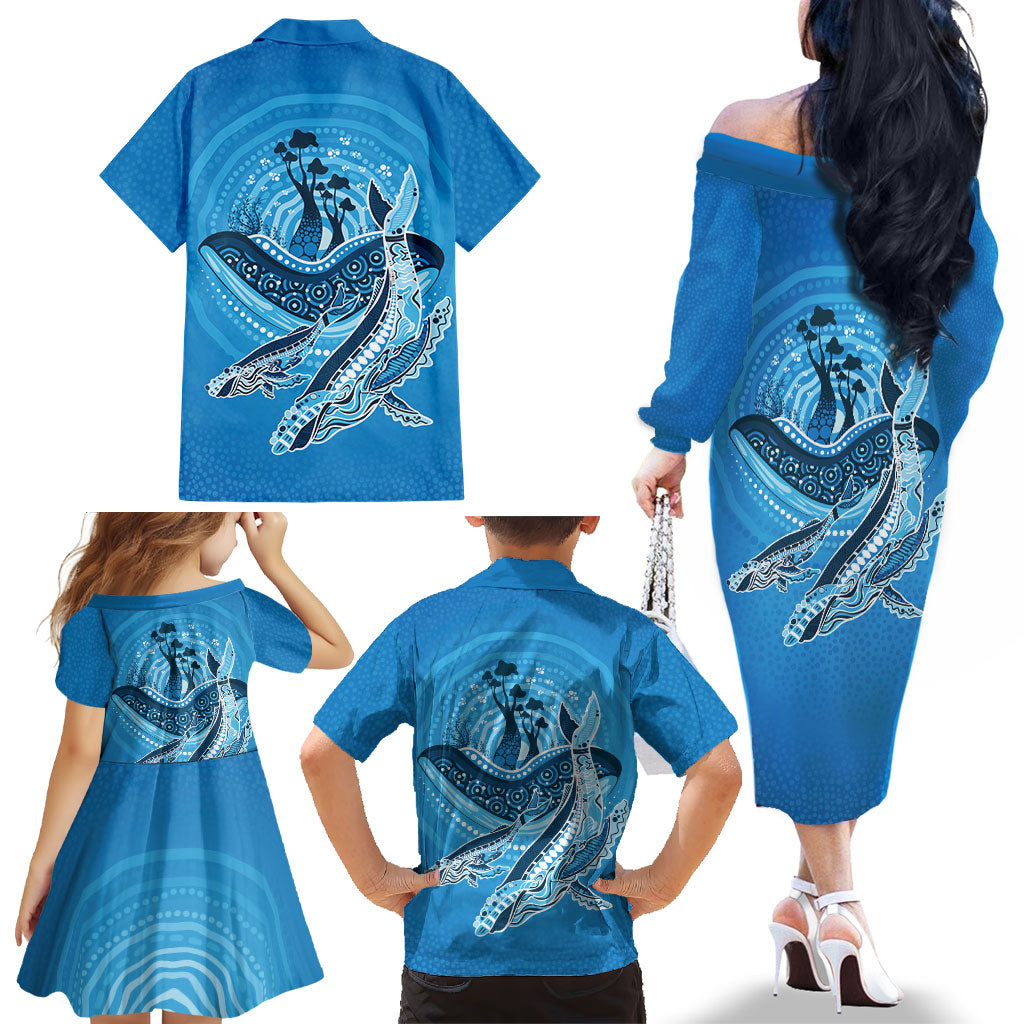 Aboriginal Ocean Whale Family Matching Off The Shoulder Long Sleeve Dress and Hawaiian Shirt Dot Art Dreamtime Tree of Life
