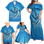 Aboriginal Ocean Whale Family Matching Off Shoulder Maxi Dress and Hawaiian Shirt Dot Art Dreamtime Tree of Life