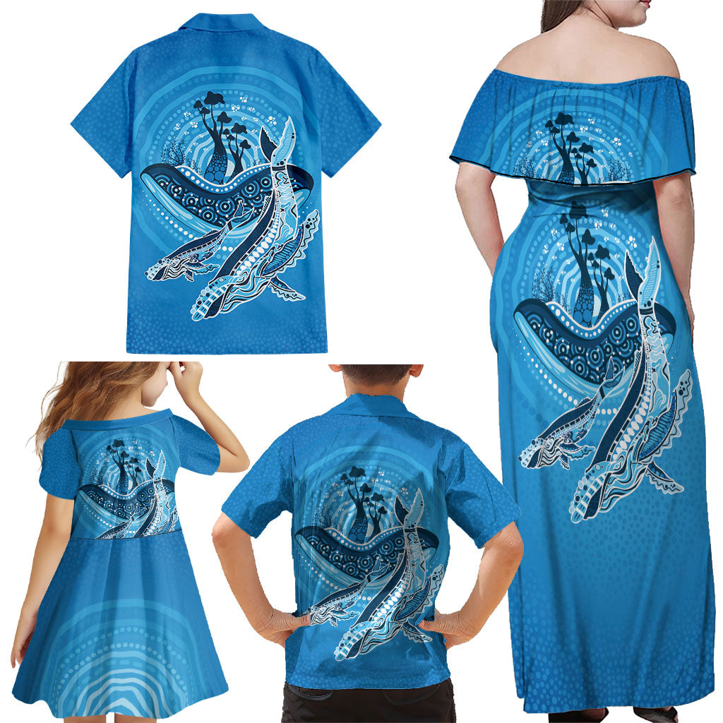 Aboriginal Ocean Whale Family Matching Off Shoulder Maxi Dress and Hawaiian Shirt Dot Art Dreamtime Tree of Life