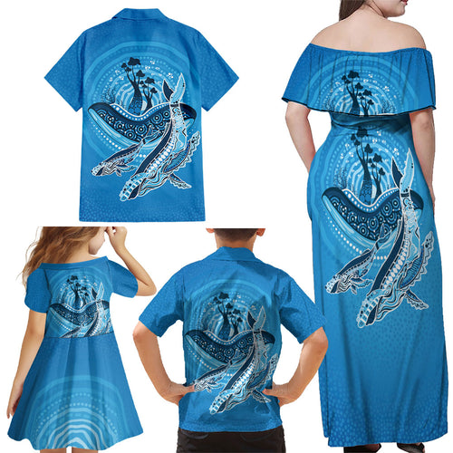 Aboriginal Ocean Whale Family Matching Off Shoulder Maxi Dress and Hawaiian Shirt Dot Art Dreamtime Tree of Life