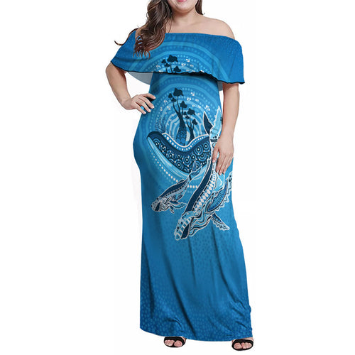Aboriginal Ocean Whale Family Matching Off Shoulder Maxi Dress and Hawaiian Shirt Dot Art Dreamtime Tree of Life