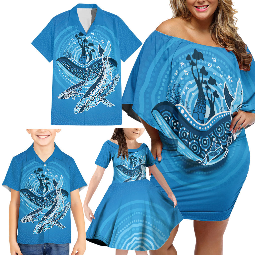 Aboriginal Ocean Whale Family Matching Off Shoulder Short Dress and Hawaiian Shirt Dot Art Dreamtime Tree of Life