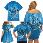 Aboriginal Ocean Whale Family Matching Off Shoulder Short Dress and Hawaiian Shirt Dot Art Dreamtime Tree of Life