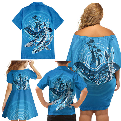 Aboriginal Ocean Whale Family Matching Off Shoulder Short Dress and Hawaiian Shirt Dot Art Dreamtime Tree of Life