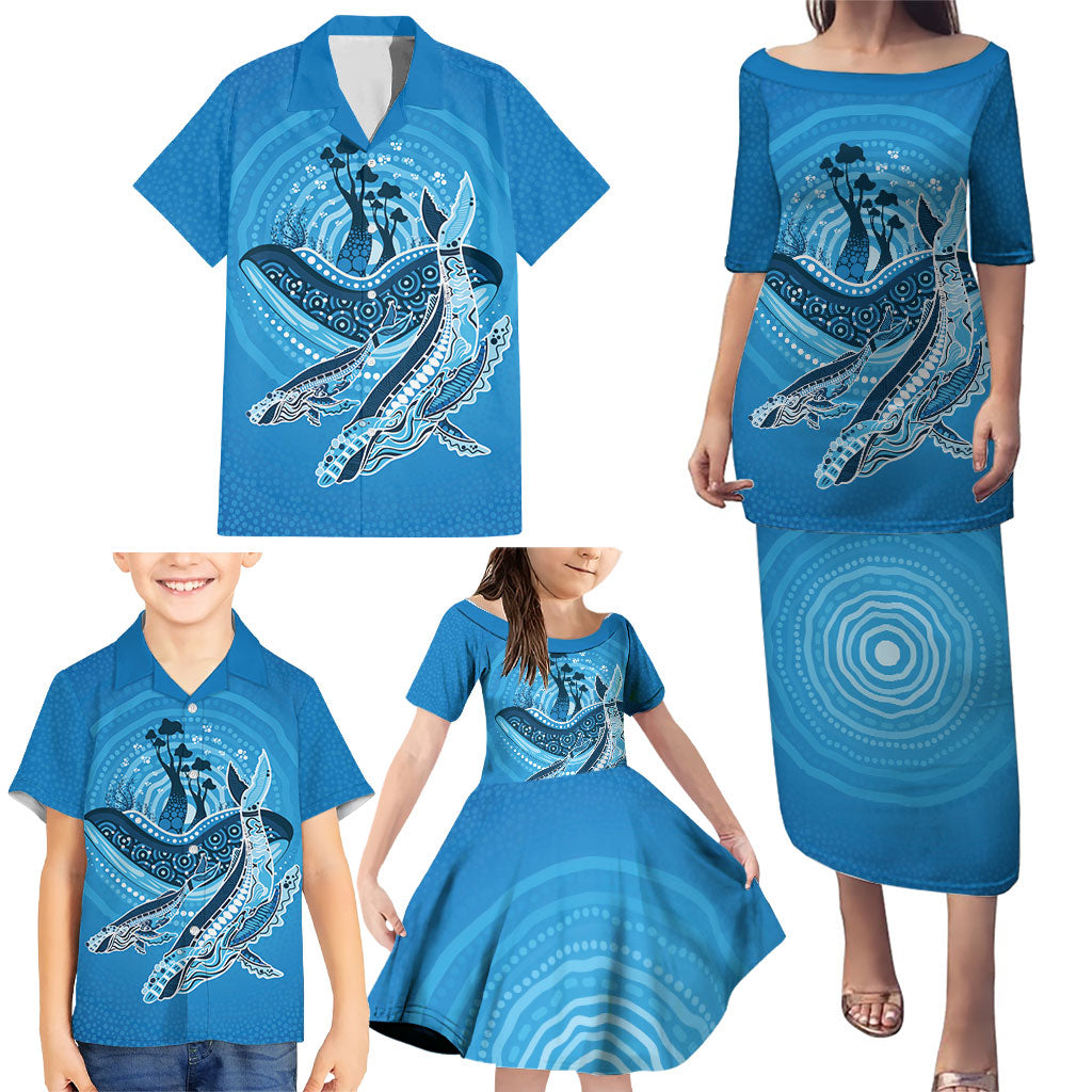 Aboriginal Ocean Whale Family Matching Puletasi and Hawaiian Shirt Dot Art Dreamtime Tree of Life