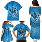 Aboriginal Ocean Whale Family Matching Puletasi and Hawaiian Shirt Dot Art Dreamtime Tree of Life