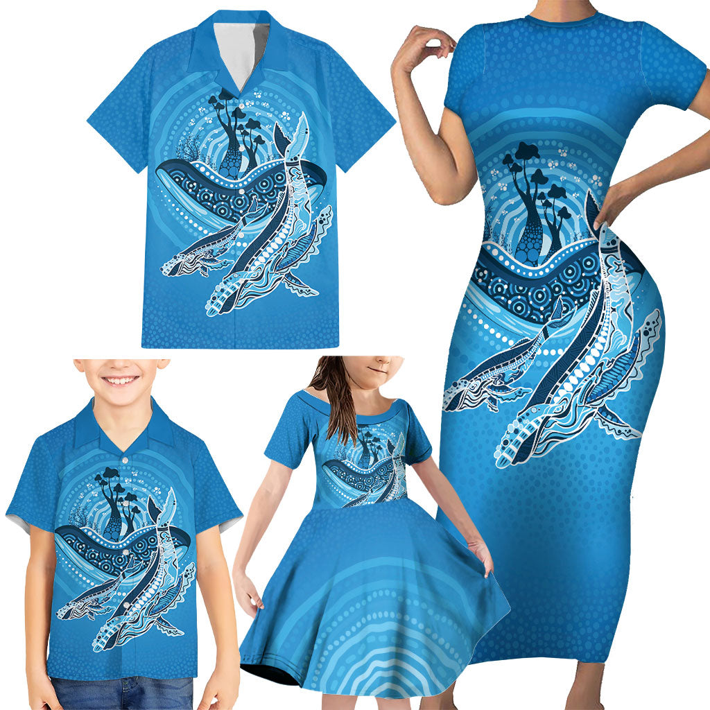 Aboriginal Ocean Whale Family Matching Short Sleeve Bodycon Dress and Hawaiian Shirt Dot Art Dreamtime Tree of Life