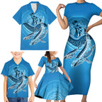 Aboriginal Ocean Whale Family Matching Short Sleeve Bodycon Dress and Hawaiian Shirt Dot Art Dreamtime Tree of Life