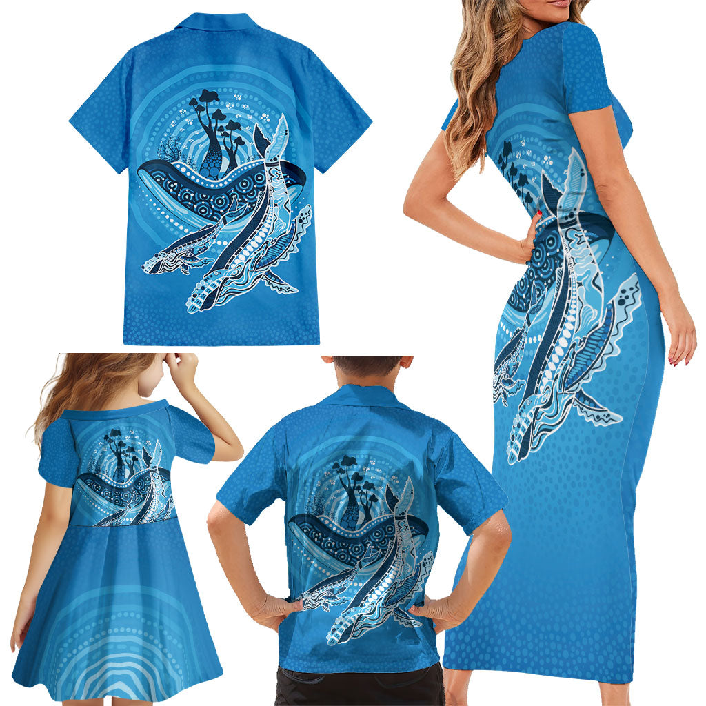 Aboriginal Ocean Whale Family Matching Short Sleeve Bodycon Dress and Hawaiian Shirt Dot Art Dreamtime Tree of Life