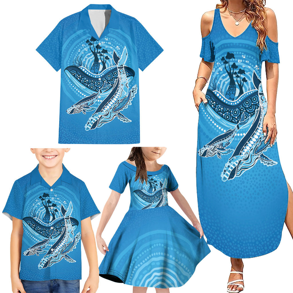 Aboriginal Ocean Whale Family Matching Summer Maxi Dress and Hawaiian Shirt Dot Art Dreamtime Tree of Life